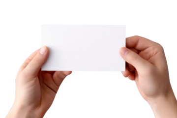 Close up hand men holding white paper blank for letter paper on transparent background.