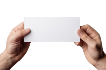 Close up hand men holding white paper blank for letter paper on transparent background.