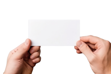 Close up hand men holding white paper blank for letter paper on transparent background.