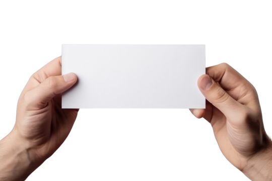 Close up hand men holding white paper blank for letter paper on transparent background.