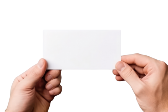 Close up hand men holding white paper blank for letter paper on transparent background.