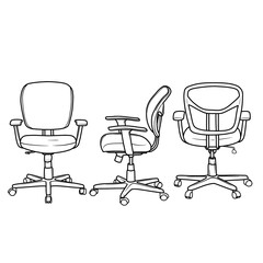 Vector illustration of office chairs hand drawn sketch, Ergonomic with armrest, outline line art in front,side, and rear view, isolated on white background