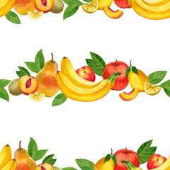 Seamless pattern with fruits. Bananas, kiwi, peaches and nectarines, lemon slices, nectarine hand-drawn in watercolor on a white background. Suitable for printing on fabric and paper, for creativity.