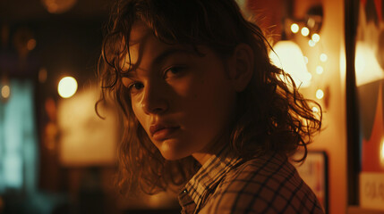 Close-up of a young woman wearing a beautifully lit plaid shirt in soft lighting