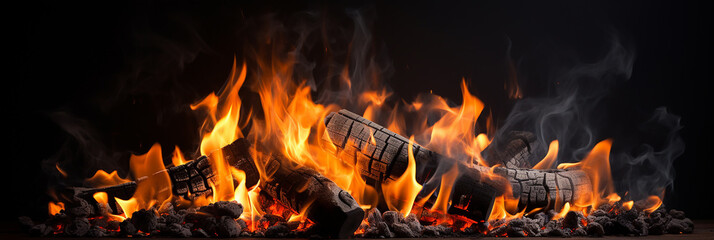 Burning firewood in a fireplace on a dark background with smoke