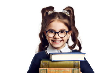 Funny smiling child school girl with glasses hold books on transparent background.