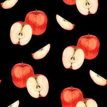 Seamless watercolor pattern. Red, ripe apples, half an apple with seeds and slices hand-painted in watercolor on a black background. Suitable for printing on fabric and paper, for kitchen decoration.