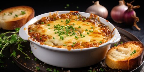 French onion soup. A serving of classic onion soup is served in a white plate. Generative AI