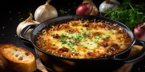 Traditional French onion soup in a black plate with a cheese crust and bread. Generative AI - obrazy, fototapety, plakaty