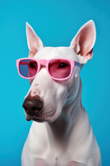 Stylish Bull Terrier White Dog Wearing Pink Sunglasses on Blue Background