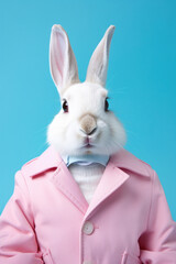 Obraz na płótnie Canvas Sophisticated White Rabbit in Pink Jacket, Blue Background