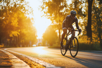 Fototapeta premium Cyclist riding bike sports outdoors on sunny day.