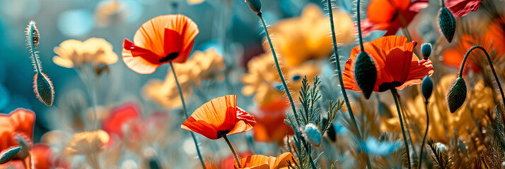 beautiful blooming poppies against the blue sky