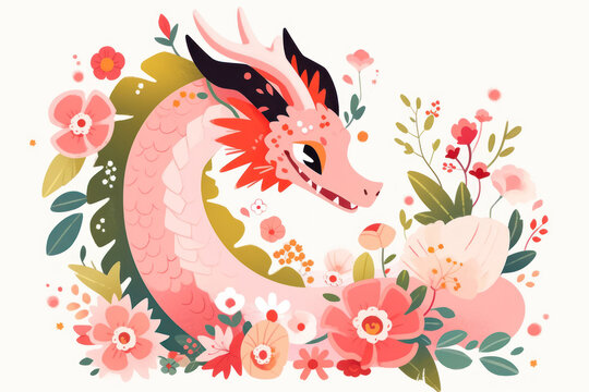 Cute dragon with ornament montage whimsical flat vector minimal with flower frame.