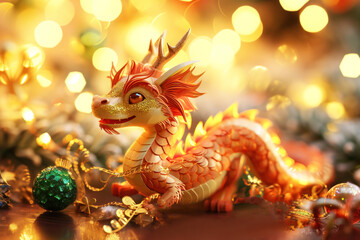 Gold background cute dragon Happy Chinese new year.
