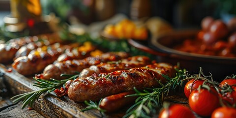 Krvavice Culinary Seduction, A Visual Symphony of Blood Sausages, Rich Flavors Unveiled in Every Savory Indulgence - Traditional Balkan Sausage Market Atmosphere - Moody Lighting & Close-up Sausage 