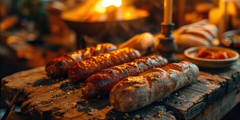 Krvavice Culinary Seduction, A Visual Symphony of Blood Sausages, Rich Flavors Unveiled in Every Savory Indulgence - Traditional Balkan Sausage Market Atmosphere - Moody Lighting & Close-up Sausage