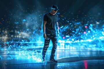 Trendy young teen in action on blue glitter light neon  bokeh effect AI technology conccept.
