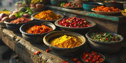 Western Indian Delicacies, Visual Journey Through Rich Flavors and Vibrant Traditions, A Feast for the Senses - Colorful Indian Street Market Atmosphere - Dynamic Colors & Artistic Dish Composition