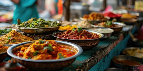 Western Indian Delicacies, Visual Journey Through Rich Flavors and Vibrant Traditions, A Feast for the Senses - Colorful Indian Street Market Atmosphere - Dynamic Colors & Artistic Dish Composition