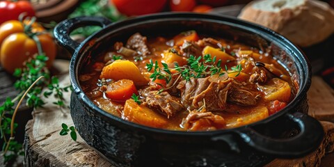 Culinary Charm, A Visual Feast of Tripe Stew, Traditional Delight Captured in Every Savory Spoonful - Hungarian Countryside Kitchen Setting - Moody Lighting & Close-up Stew Details