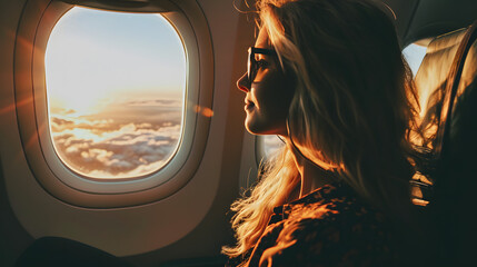 Portrait of a beauty young woman passenger traveling thinking looking out airplane window