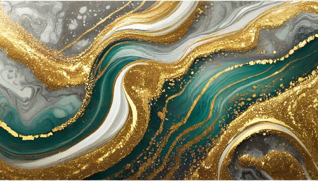 Abstract background of Marble texture. Marbled with wavy veins of turquoise, gold and silver. Gold powder. Agate