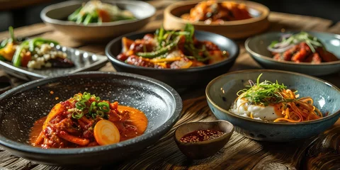 Fototapeten Dishes with Gochujang, A Visual Medley of Spicy Fermented Flavor, Elevating Every Dish with Asian Zest - Contemporary Korean Fusion Kitchen Ambiance - Vibrant Colors & Artistic Dish Composition © SurfacePatterns
