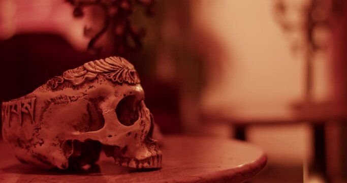 Spooky skull on table in dark room during Day of the Dead