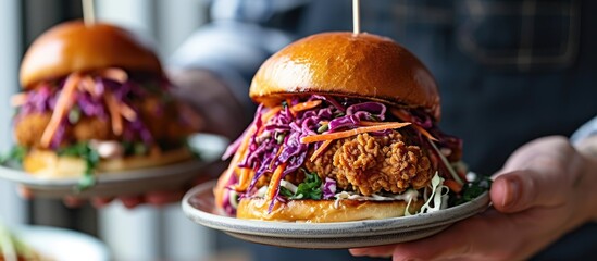 Holding crispy chicken sandwiches with slaw salad. - Powered by Adobe