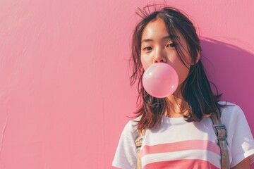 Trendy Young teen with skateboard look blowing bubble gum on pink background. - obrazy, fototapety, plakaty