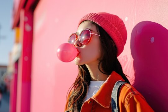 Trendy Young teen with skateboard look blowing bubble gum on pink background.