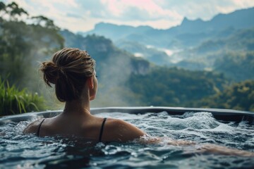 Young woman relaxing at hot tub in nature mountain background. - obrazy, fototapety, plakaty