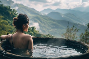 Young woman relaxing at hot tub in nature mountain background.