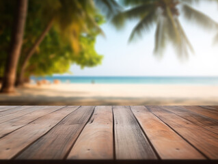 Wooden table empty table in front of blurred beach background