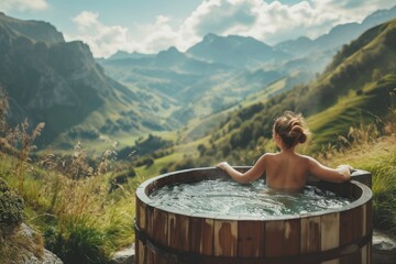 Young woman relaxing at hot tub in nature mountain background. - obrazy, fototapety, plakaty