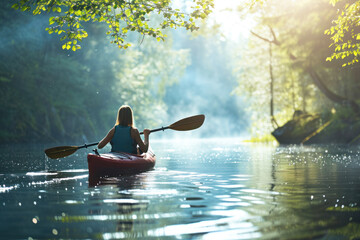 Young woman canoe or kayak adventure in nature.  - Powered by Adobe