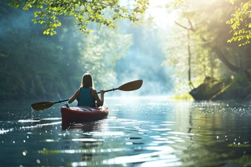 Crédence de cuisine en verre imprimé Coucher de soleil sur la plage Young woman canoe or kayak adventure in nature. 