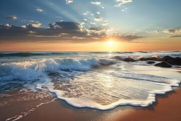 A serene beach scene at sunrise Capturing the peacefulness and beauty of the early morning by the sea - Powered by Adobe