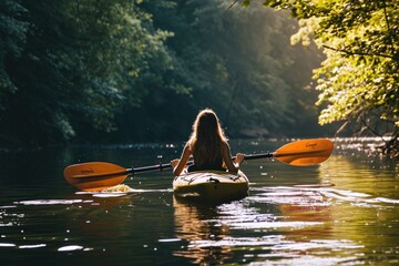 Young woman canoe or kayak adventure in nature.  - obrazy, fototapety, plakaty