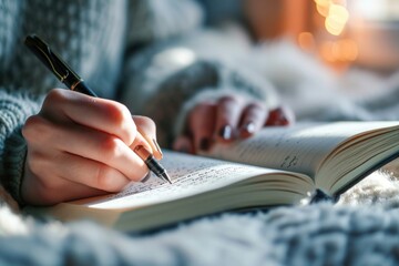 Hand of woman writing on dairy book.