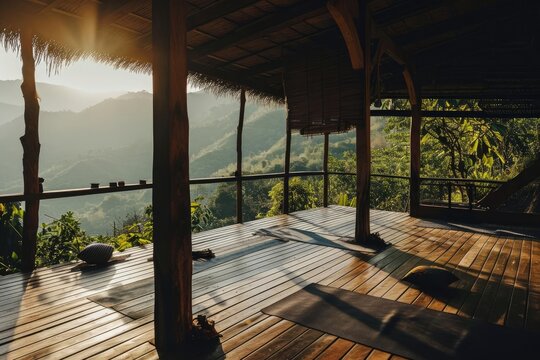 A serene yoga retreat in a mountainous landscape Promoting wellness Meditation And connection with nature