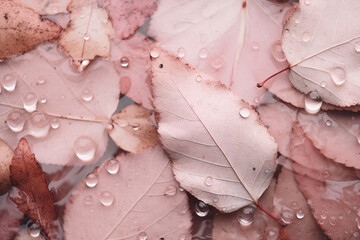 Aesthetic pink beige leaves with water drops background, Generative AI