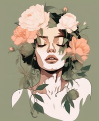 A captivating illustration of a woman adorned with a floral headdress, blending elements of nature and human beauty in a striking and artistic manner.