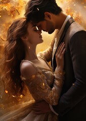 A romantic digital painting of a couple in an intimate embrace, surrounded by a golden aura, capturing the deep connection and love between them.