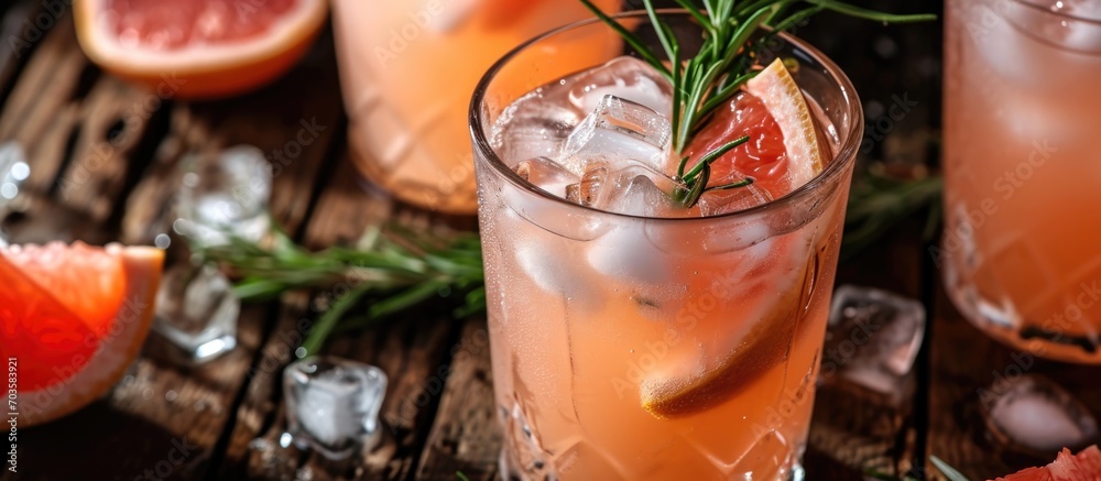 Wall mural refreshment made with grapefruit soda, rosemary sprig, and ice cubes.