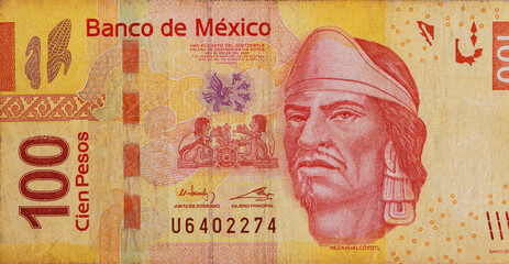 Mexican money bills currency Mexico 100 pesos banknote close up