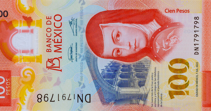 New Mexican money bills currency Mexico 100 pesos banknote close up