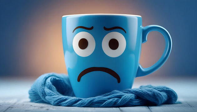 Blue cup a sad face with scarfcoffee on blue background. Blue monday concept The most depressing day of year The day commit suicide, depression motivation,3rd monday January created with generative ai
