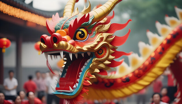 Chinese Dragon Head performing its traditional dragon dance festival. Chinese New Year celebration 2024 created with generative ai